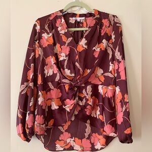 DR2 Women's Floral Blouse Twist Front 3/4 Sleeve Pink Orange Brown Burgundy S